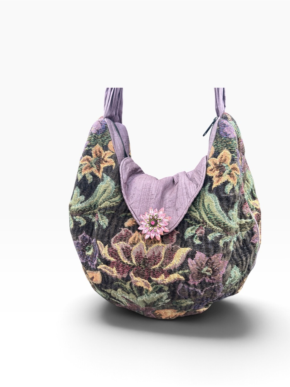 Floral Tapestry Hobo Shoulder Bag Beaded Strap Mauve Boho 17x15 - Picture 3 of 15
